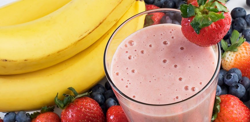 Fruit smoothie with bananas, strawberries and blueberries